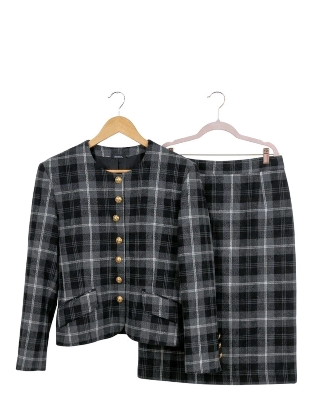 Black & Gray Plaid Two-Piece Jacket and Skirt Set